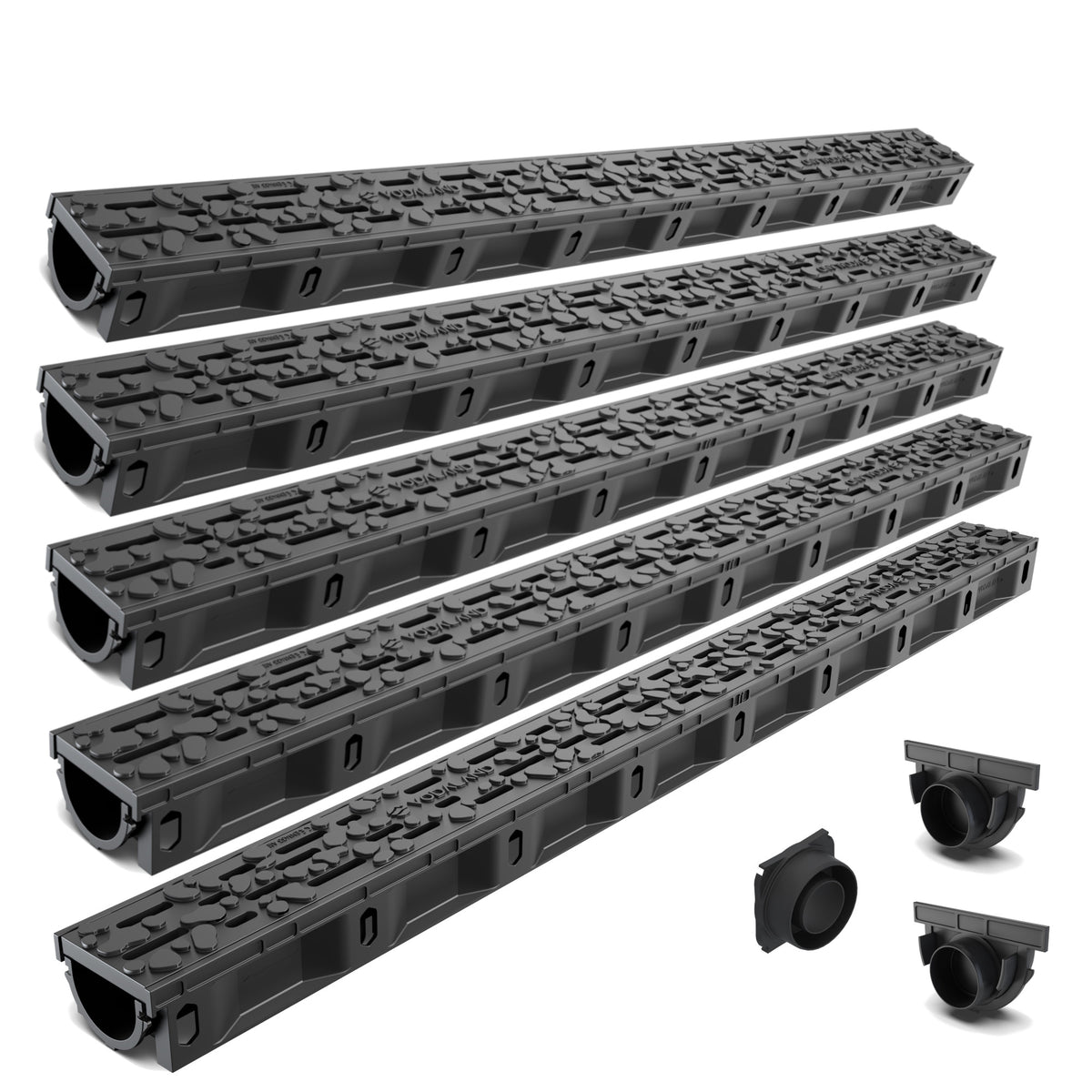 Zestaw odwodnienia liniowego VODALAND Micro DN50 H50 – 5 m, z rusztem plastikowym Stone kl. A15