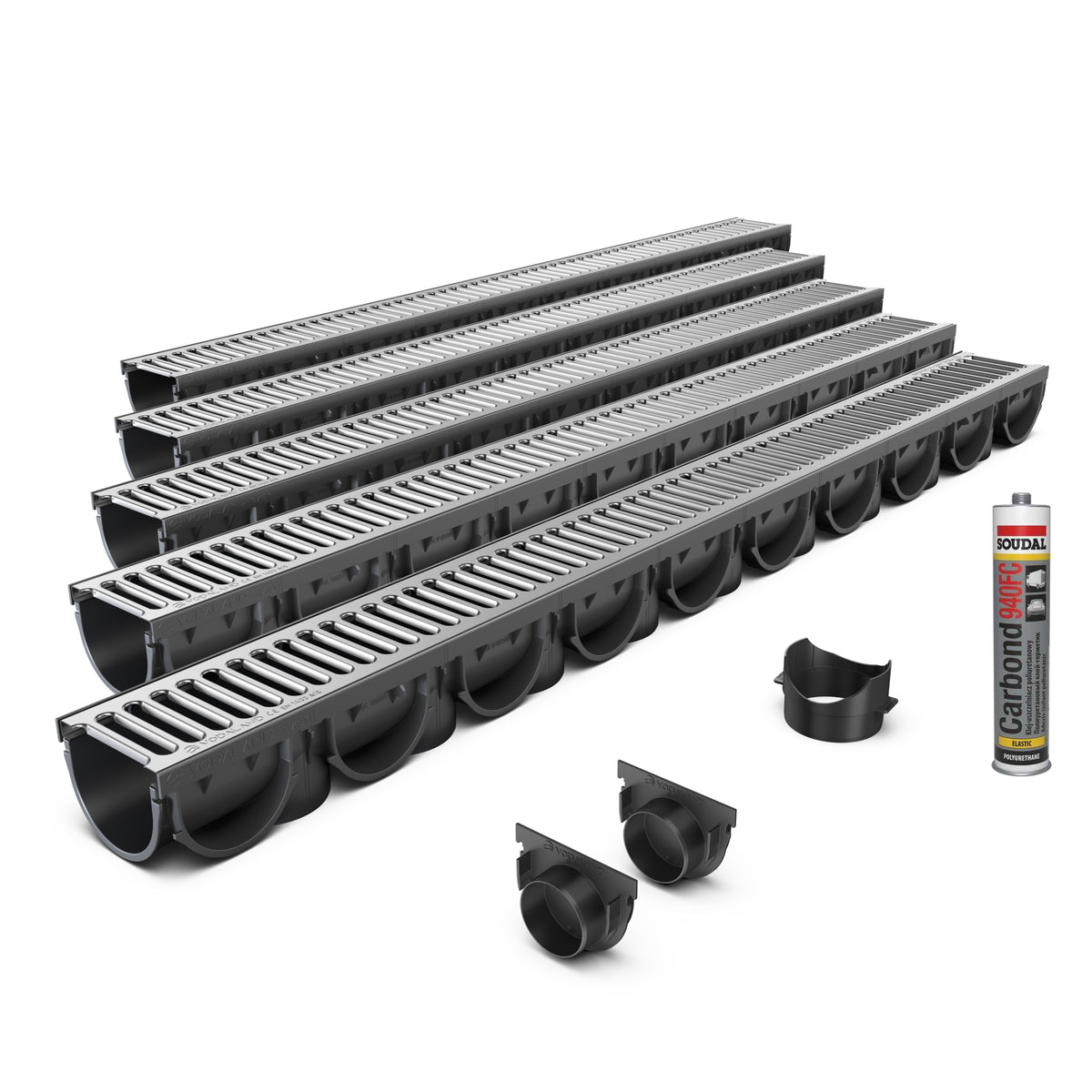 Zestaw odwodnienia liniowego VODALAND Easy X1 DN70 H70 – 5 m, z rusztem ze stali ocynkowanej, kl. A15