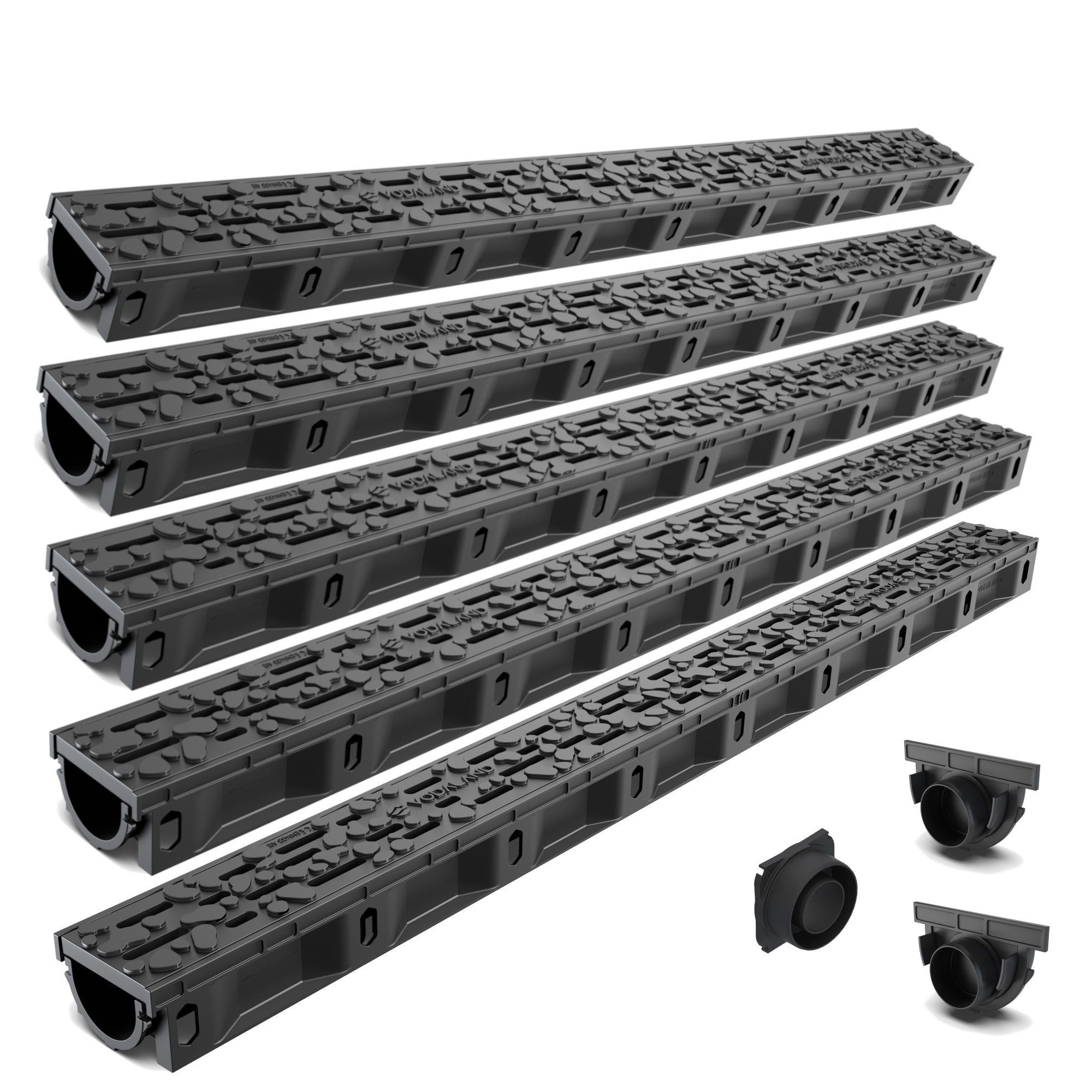 Zestaw odwodnienia liniowego VODALAND Micro DN50 H50 – 5 m, z rusztem plastikowym Stone kl. A15