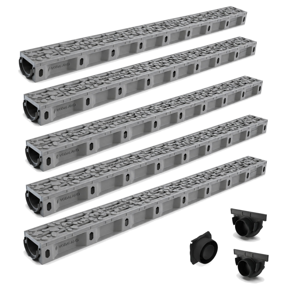 Zestaw odwodnienia liniowego VODALAND Micro DN50 H50 – 5 m, z rusztem plastikowym Stone kl. A15